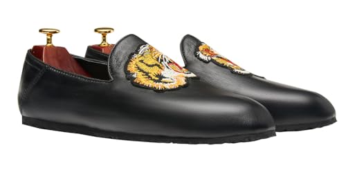 Santimon Men's Slip-On Leather Loafers with Tiger Embroidery – Foldable Dress Casual Summer Shoes with Travel Case, Waterproof Lightweight Flats4