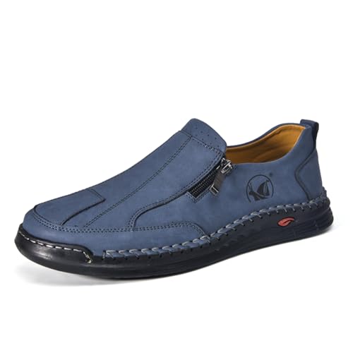 Men's Leather Slip-On Loafers Anti-Slip Sole Retro Round Toe Handsewn Detailing Lightweight Driving Shoes for Walking & Everyday Wear