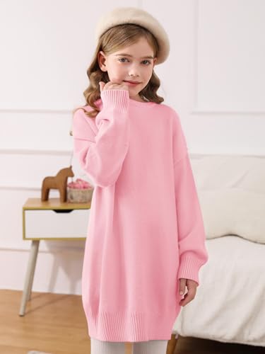Image of Haloumoning Girls Sweater Dress Casual Crewneck Knit Long Sleeve Fall Winter Dress Pullover 5-14Y Pink