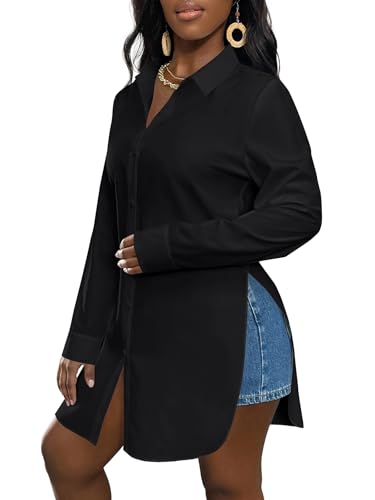 Image of LYANER Women's Collar Neck Long Sleeve Button Down Shirts Sexy Split Hem Tops Long Blouse Shirt Dress