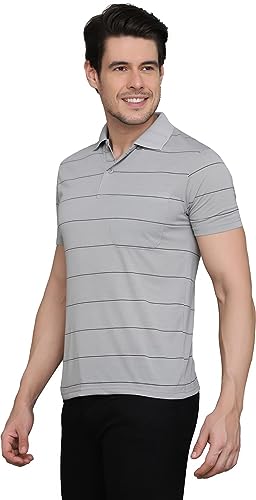Image of INKKR Men's Striped Polo Neck Cotton Blend Multicolor T-Shirt