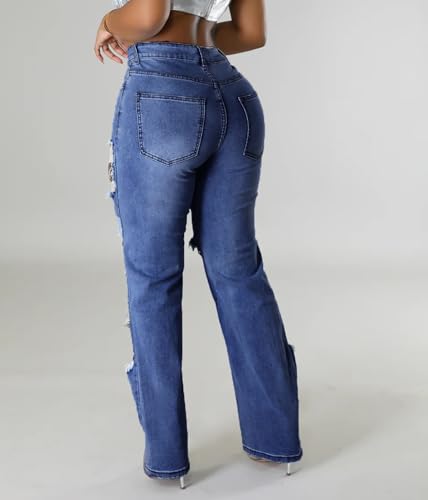 cffvdiz Women's Straight Leg Jeans High Waisted Ripped Hole Rhinestone Chain Stretch Boyfriend Denim Pants3