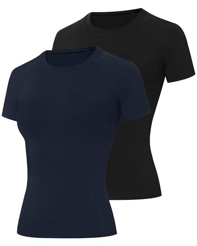 Runhit Compression Shirts Woman Workout Gym T Shirts Short Sleeve Athletic Tops Moisture Wicking Undershirts for Running Yoga Navy Black 2 Pack S