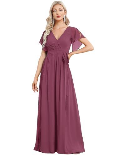 Ever-Pretty Robe pour Mariage Invité Longue Femme Col V Mousseline A Line Manches Courtes Plissé Chic Prune 38