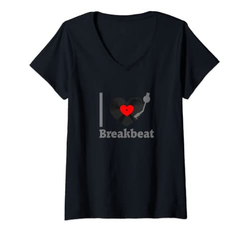 Mujer I Love Breakbeat Música Idea de regalo DJ placa de chal corazón Camiseta Cuello V