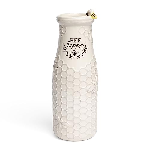 Youngs-Inc-Ceramic-Flower-Vase-Bee-Happy-White-Ceramic-Vase-Honeycomb-Decor-3-L-x-3-W-x-8-H-Contains-one-Flower-vase Youngs Inc Ceramic Flower Vase Bee Happy White Ceramic Vase Honeycomb Decor 3 L x 3 W x 8 H Contains one Flower vase