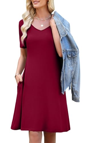 Image of WEACZZY Summer Dresses for Women 2026 V-Neck Casual T Shirt Dress Loose Short Sleeve Flowy Dresses with Pockets