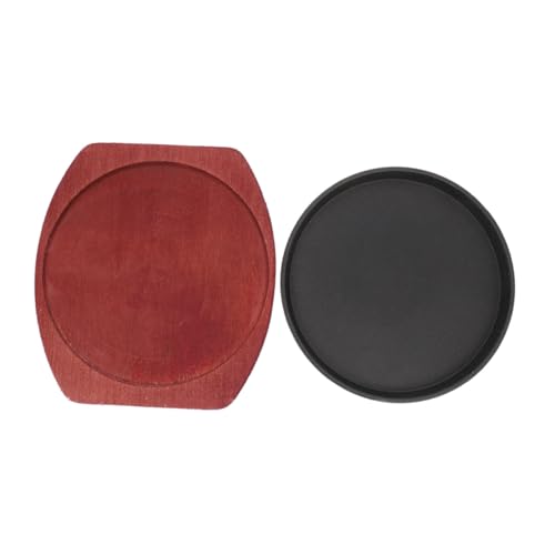 Zerodeko Thick Cast Iron Skillet Pan with Wooden Base Tray Nonstick Round Sizzling Plate for Home Cooking Compatible with Induction Cooker and Gas Stove for Fajitas Steaks BBQ Grill