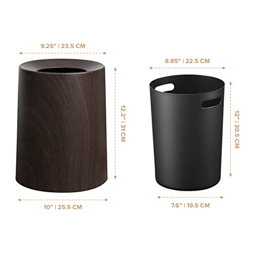 Image of Spill Proof Kids Pet Friendly Garbage Can - Dark Walnut Wood Color Trash Bin - Top Indoor Outdoor Office Bedroom Bathroom - 3.2Gal - Patio Bar Loft Den - Round Designer Waste Basket - 10inx10inx12in