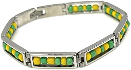 Orula Ide Babalawo Silver Plated Stainless Steel Link Green & Yellow Beads Bracelet for Men Protection Jewelry