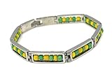 Orula Ide Babalawo Silver Plated Stainless Steel Link Green & Yellow Beads Bracelet for Men Protecti