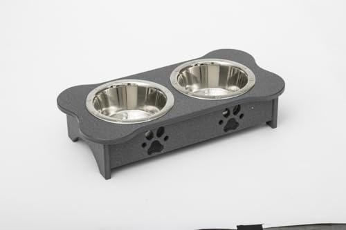 2 qt. 5.25 in. Low High Double Poly Wood Dog Bowl with 2 Stainless Steel Bowls Dark Gray