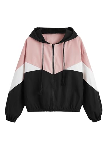 Floerns Women's Color Block Hooded Casual Thin Windbreaker Jacket Black and Pink Medium