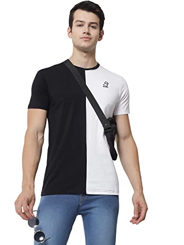 Image of RABBY Men's Cotton Regular Fit Vertical Half-Half Color Block Round Neck T-Shirt