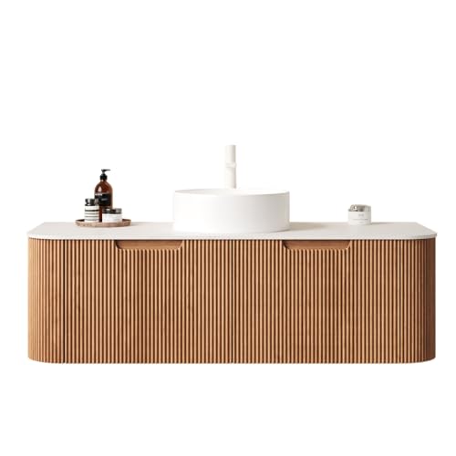 Image of KEIKI 48 inch Bathroom Vanity with Sink, Wall-Mounted Floating Vanity with Curved Edges & 3D Striped Drawer Fronts, White Round Ceramic Basin, Pre-Assembled Storage Cabinet, Natural Wood