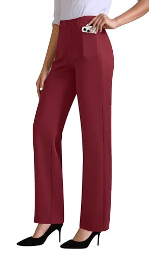 JEKAOYI Womens Dress Pants Stretchy Work Pants High Waisted Business Trousers Pull On Casual Slacks with Pockets Burgundy