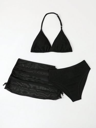 Image of SHENHE Girl's 3 Pieces Bathing Suits Halter Bikini Boho Swimsuits with Cover Up Skirt Black Solid 15Y