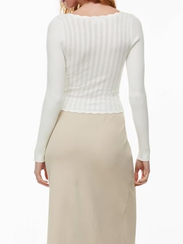 Image of Women's Tie Front Knit Cropped Sweater 2024 Fall Casual Long Sleeve Crewneck Lightweight Pullover Shirt White, Medium