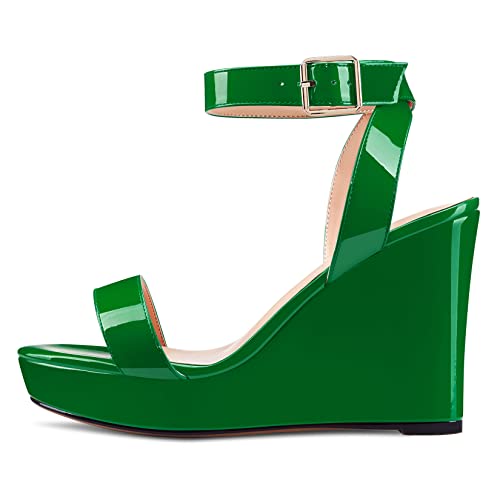 Image of Aachcol Women Platform Wedge Sandals Round Peep Open Toe Ankle Strap Slingback Two-Piece Chunky Block High Heel Dress Shoes Pumps Party Patent 4 Inch