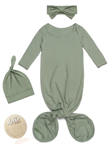 Image of 4pc Newborn Knotted Gown Set Hat Headband Hello World Sign, Coming Home Outfit Baby First