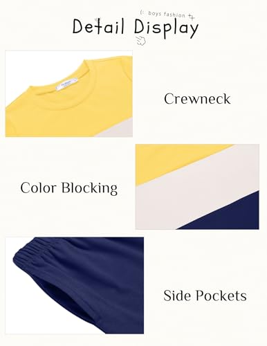 Image of Arshiner Boys' 2-Piece Cotton Outfit Color Block T-Shirt and Shorts Set Summer Camo Clothes for Kids 5-14 Years
