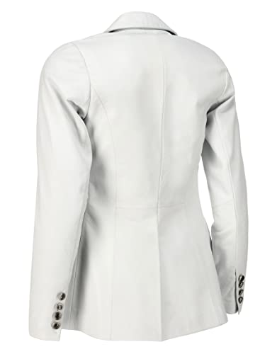 Double Breasted Fancy Buttons Lambskin Leather Blazer Women - Kim Kardashian Long Sleeve Coat Style Leather Jacket Women (White, L) #TOP1