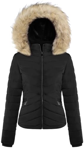 BodiLove Women's Warm Winter Quilted Puffer Short Coat High Collar Jacket with Removable Faux Fur Hood