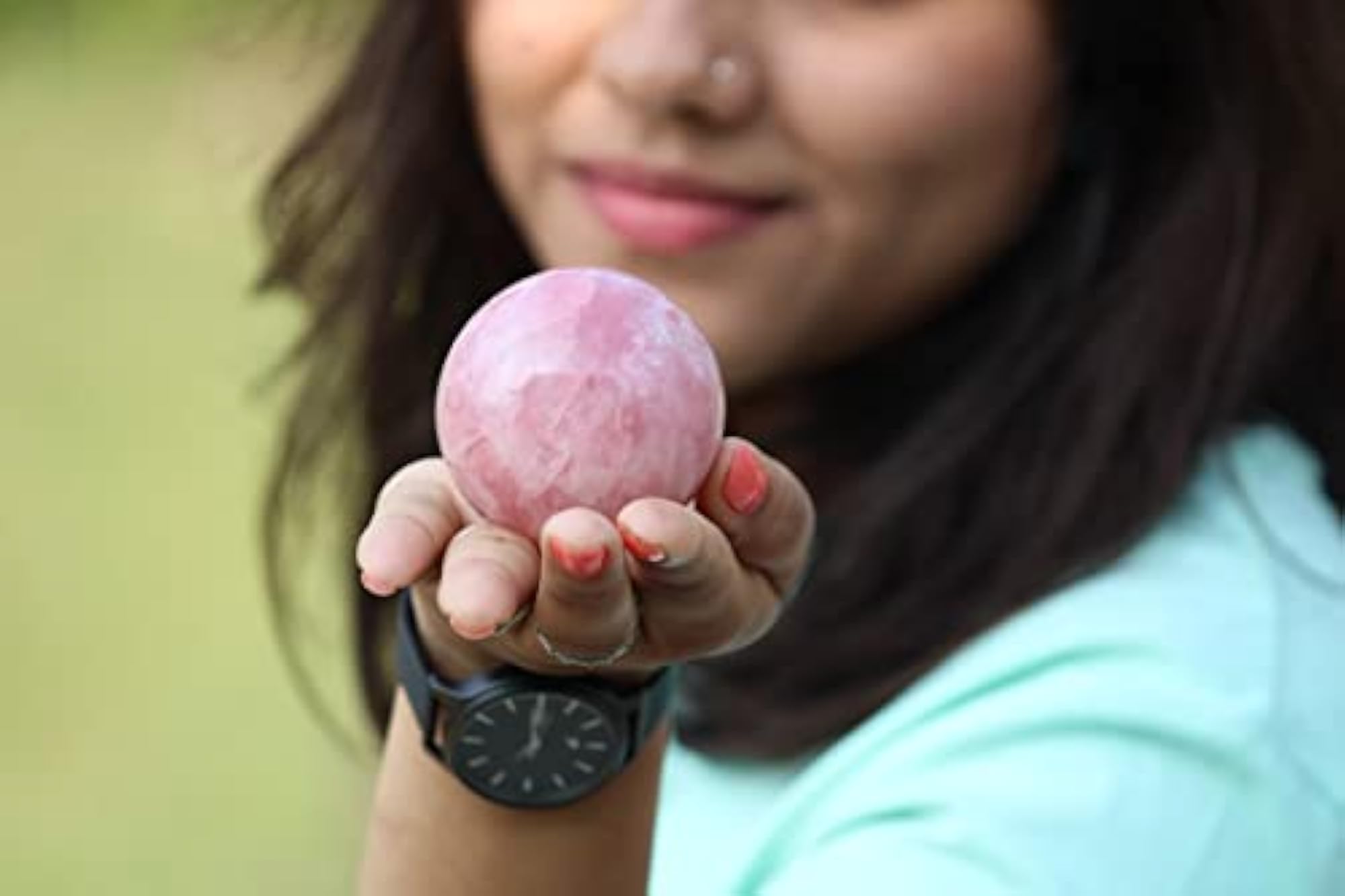 Jet International Rose Quartz Hand Carved Sphere, Healing Focus