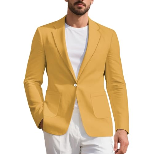 Chuzarugn Suit Jacket for Men Summer Yellow Print Blazer for Men One Button Sport Coat Long Sleeve Sports Jacket for Father Husband Son Gifts XL