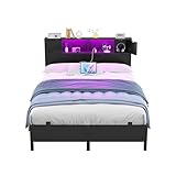Homieasy Full Size Bed Frame with Storage Headboard and Charging Station, Industrial Platform Metal Bed with LED Lights, Steel Slat Support, No Box Spring Needed, Noise-Free, Easy Assembly, Black