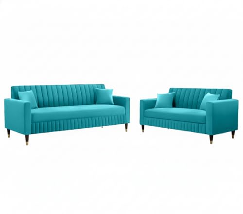 Image of AMATA Omega 3+2 Seater SkyBlue Suede Velvet Fabric Sofa Set with Two Cushions Perfect for Home Office Guests Living Room (06 Sky Blue, Omega 3+2 Seater Sofa)(3 Year Warranty)