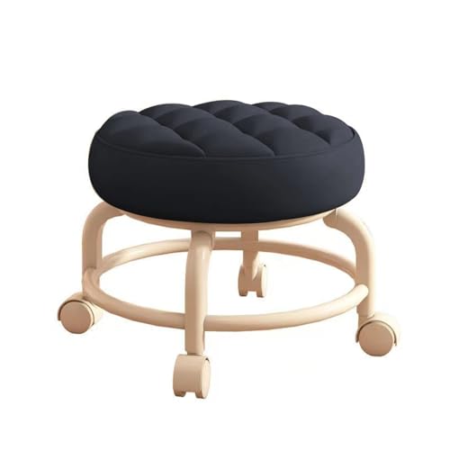Sgabello a rotelle basso portatile con ruote girevoli a 360°, comodo e robusto sedile a rotelle per uso domestico, in similpelle, per casa e negozio, nero, taglia unica