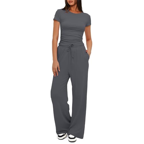 Women's Summer 2 Piece Outfits Ruched Short Sleeve Tops High Waisted Wide Leg Pants Tracksuit Sets Comfy Loungewear