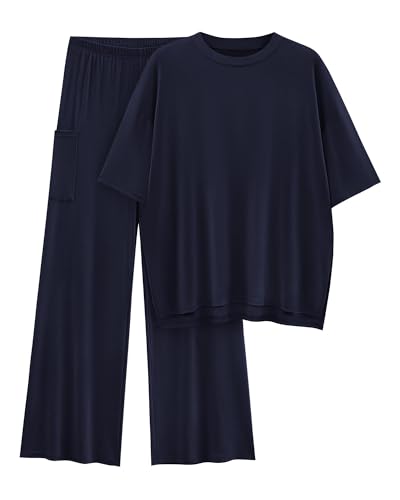 Image of KIRUNDO 2 Piece Lounge Sets for Women Airport Travel Vacation Outfits Summer Casual Loose Short Sleeve Tops & Wide Leg Pants