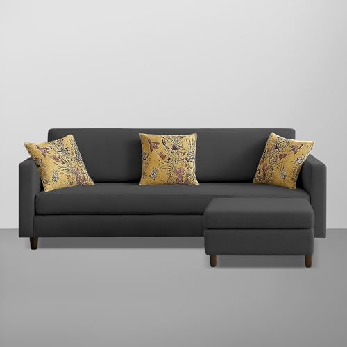Image of Casaliving Premium Lifestyle Fabric 4 Seater L Shape Sofa Set 3 Seater Modern Sofa Set & Ottoman for Living Room (Black Color)