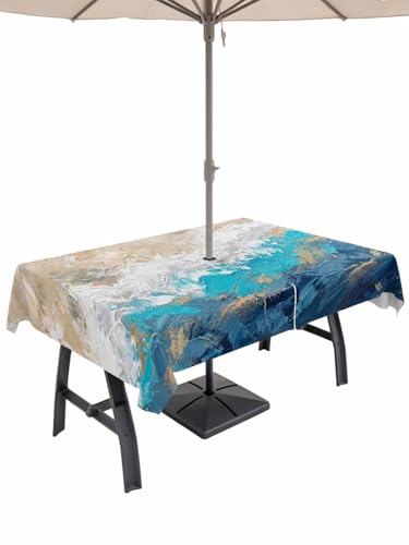Outdoor Tablecloth with Umbrella Hole and Zipper, Abstract Blue Rectangle