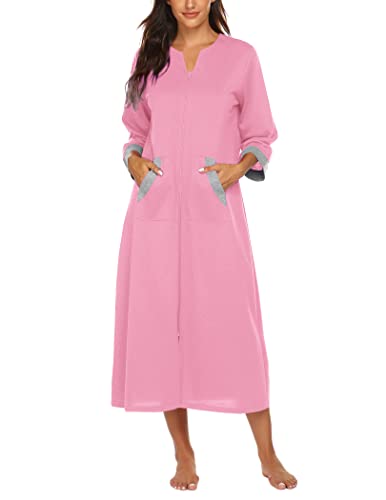 Image of Ekouaer Women Zipper Robe 3 /4 Sleeves Loungewear Dress Full Length Sleepwear Pockets Housecoat Nightgown Long Bathrobe