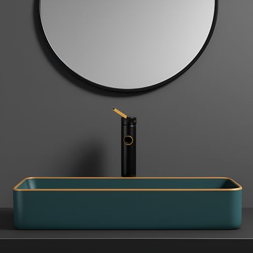 Image of OSOSAM Designer Ceramic Tabletop Basin - Green & Gold Line Slim Rim Vessel Sink for Bathroom & Living Room (24x14x5.5 Inch)