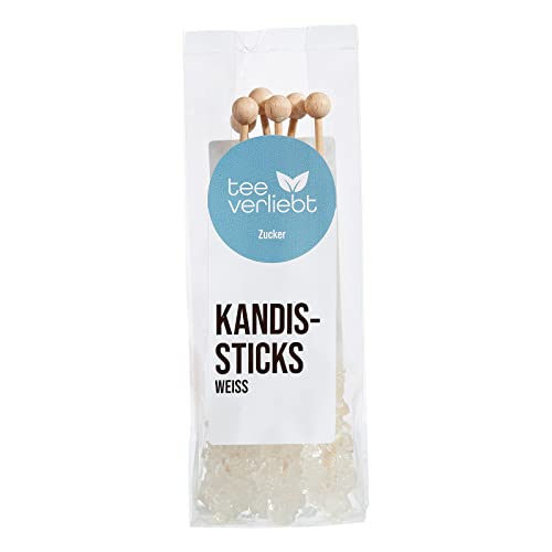 teeverliebt - Kandiszucker-Sticks weiß I 5 Kandis-Stäbchen im Folien-Beutel I leckerer Kaffee- & Tee-Zucker am Stiel I Kandiszucker weiß am Stab I Rock Candy Sticks 5 St.