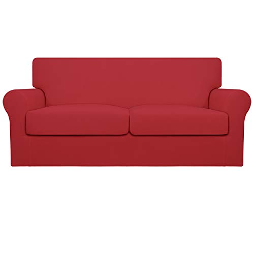 Image of Easy-Going Stretch Oversized Loveseat Couch Cover for 2 Cushion Washable | Sofa Slipcover for Stretch 2 Separate Sectional Cushion Couch - Furniture Protector for Pets, Kids Christmas Red