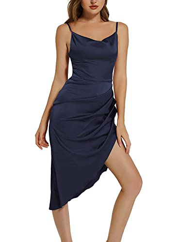 Lyaner Women's Satin Ruched Wrap Bodycon Spaghetti Strap Club Party Sexy Midi Dress Dark Blue Large #TOP3