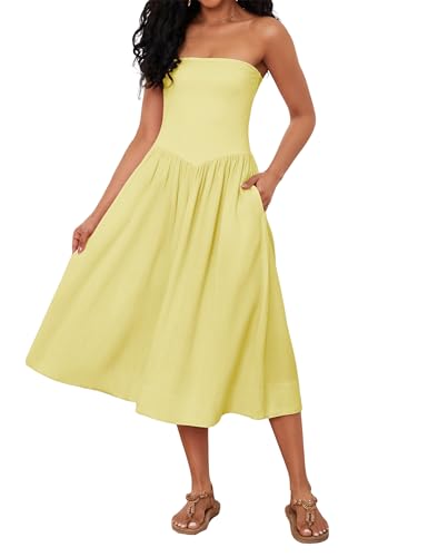 Livtany Women Off Shoulder Midi Dress Strapless Sleeveless Drop-Waist A Line Tube Dress Trendy Summer Swing Patchwork Dress Yellow