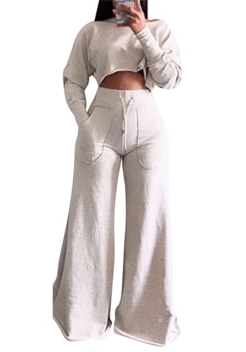 LROSEY Women Fall 2 Piece Outfits Pants Sets Casual Sweatsuits Long Sleeve Crop Tops Wide Leg Palazzo Trousers Lounge Set