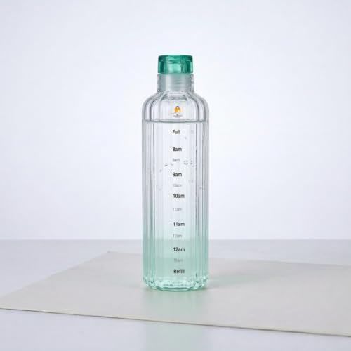 Image of Borosilicate Glass Water Bottles with Cap, Water Bottle 500ML Glass Motivational Time Marker Drink Bottle Cute Glass Milk Juice Drinking Bottles for Girls Kids Women for School, Gym (Green)