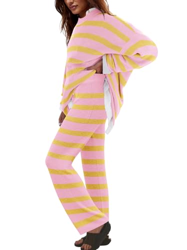 Image of LAMISSCHE Oversized Womens Lounge Set Striped Sweater Set Long Sleeve 2 Piece Pajama Set Top and Pants with Pockets