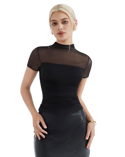 SUUKSESS Women Sexy Mesh Sheer Short Sleeve Tops Mock Neck Ruched Going Out Shirts2