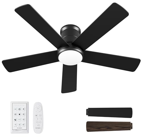 Autoday 42 Inch Low Profile Ceiling Fan with Light, Black Ceiling Fans with Lights and Remote, Flush Mount, 6 Speeds Reversible Quiet DC, 3CCT Dimmable, Indoor Outdoor Ceiling Fans for Patios Bedroom