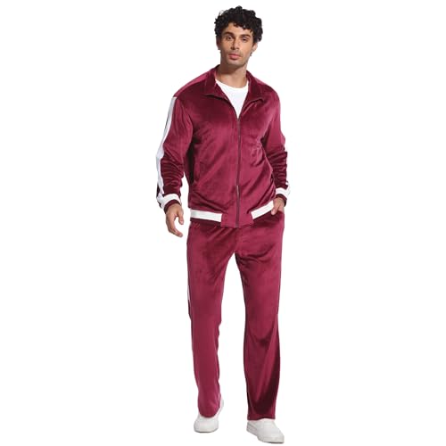 Navisting Men's Velour Tracksuit Zip-Up Jacket Striped Velvet Sweatsuit 2 Piece Casual Outfits Fitness Set Gym Outfits Burgundy L