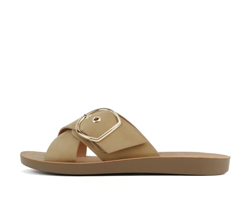 Soda Carol ~ Women Open Toe Crisscross Buckle Flat Sandals (Camel Nubuck, 7.5)