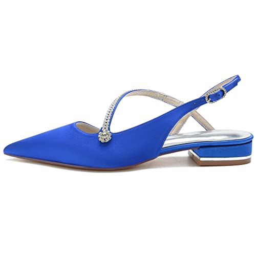 2.5Cm Women's Wedding Shoes Flats Satin Slingback Pointed Toe Rhinestone Ankle Strap Buckle Bridal Bridesmaid Ballet Pumps Ballet,Navy,7.5 US4